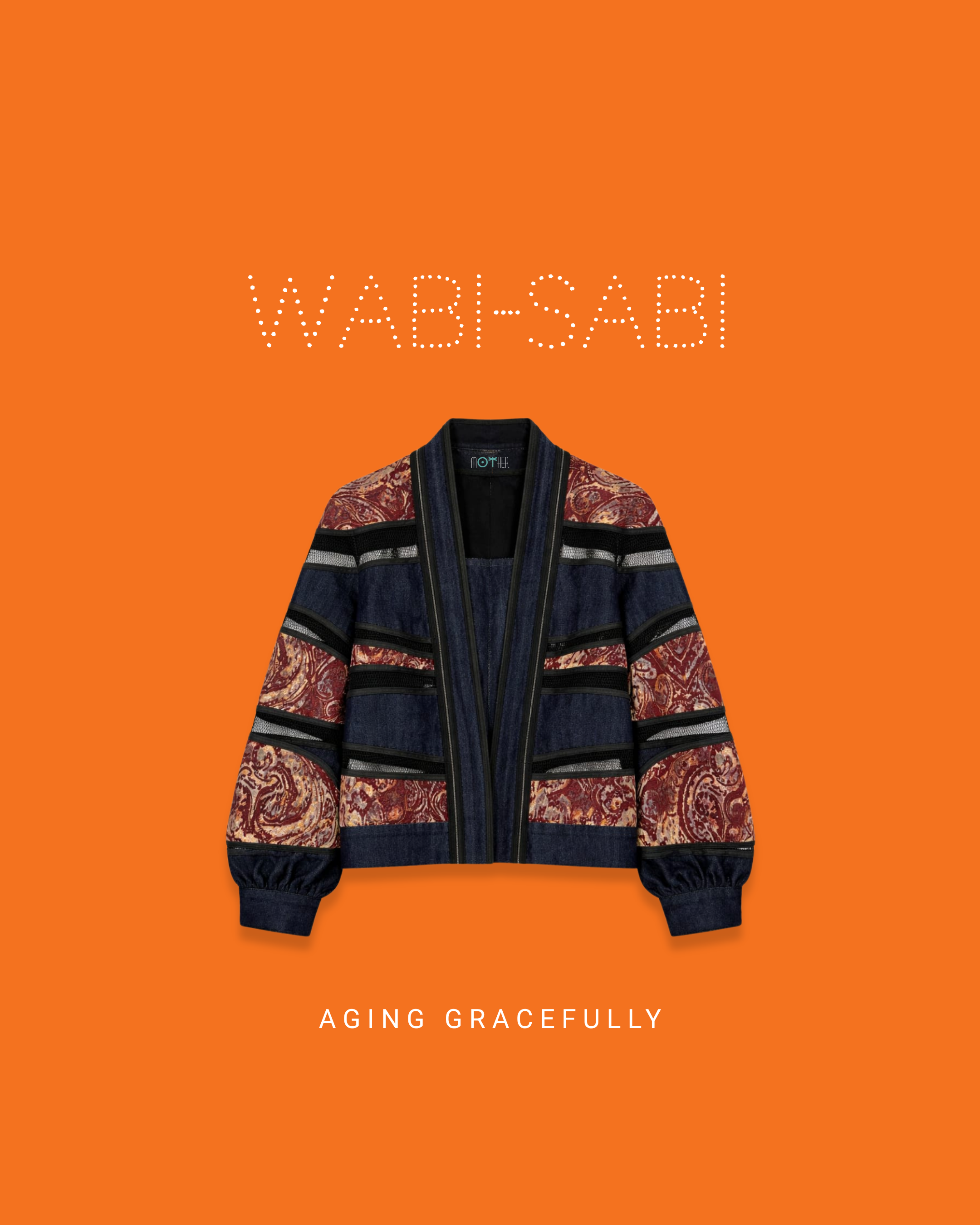Mother's Wabisabi jacket inspired by wabi-sabi philosophy, featuring Material Honesty and Graceful Aging principles: upcycled denim with 21 yrs old rug with  visible construction details that run you through its making journey.