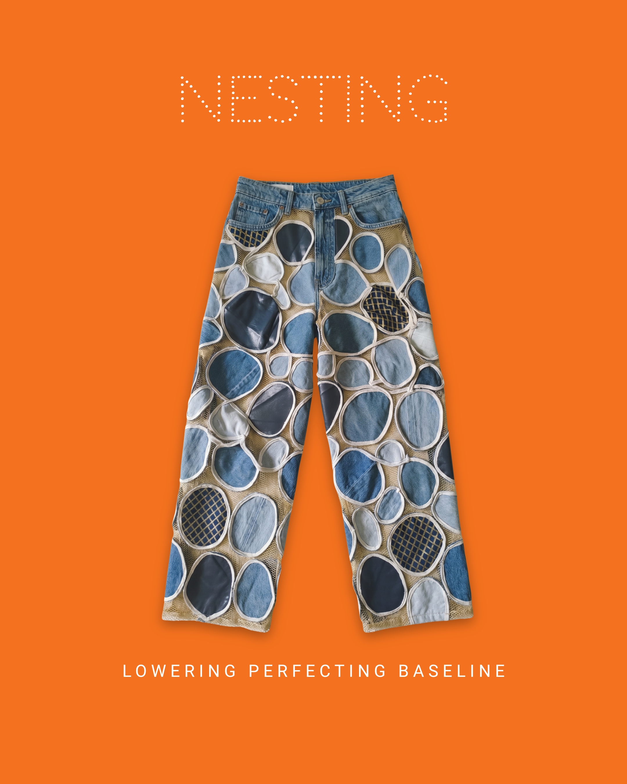 Nesting pants: unique patchwork design created from upcycled denim scraps, demonstrating zero-waste construction to challenge the notion of "perfection" 